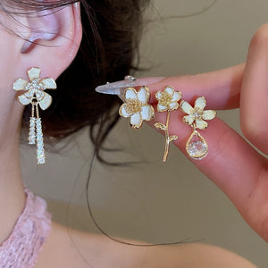 18K Gold Plated Copper Enamel Zircon Flower Stud Earrings With Silver Pins For Women