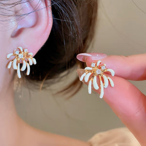 18K Gold Plated Copper Zircon Enamel Firework Flower Stud Earrings Light Luxury Daily Jewelry