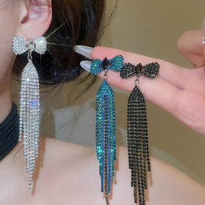 Copper Rhinestone Bow Tassel Drop Earrings, European American Statement Stud Style