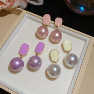 Playful Dopamine Enamel Square Faux Pearl Stud Earrings For Women Geometric Commuter Jewelry