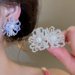 Silver Needle Artificial Crystal Beaded Flower Stud Earrings Elegant Beach Vacation Style Floral Jewelry