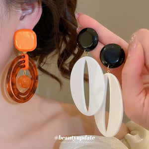 Coffee Tone Resin Round Oval Drop Earrings With Silver Needle Posts, Retro Contrast Geometric Style