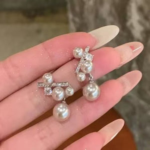 Light Luxury Geometric Round Faux Pearl Zircon Rose Stud Earrings With Silver Pins