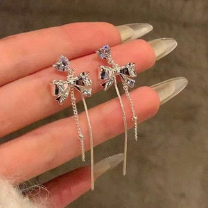 Playful Copper Zircon Bow Tassel Drop Earrings With Silver Pins For Elegant Daily Wear