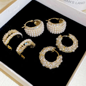 French Vintage Rhinestone Faux Pearl Round Earrings Elegant Light Luxury Geometric Ear Jewelry