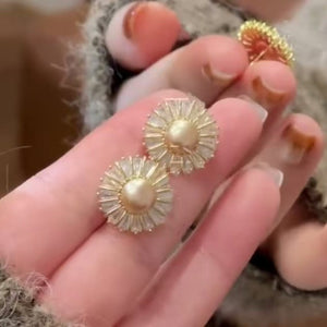 French Style Round Faux Pearl Zircon Stud Earrings With Silver Needle Light Luxury Elegant Jewelry