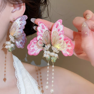Vacation Style Embroidered Butterfly Zircon Faux Pearl Stud Earrings With Silver Posts