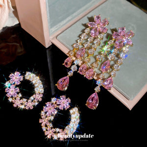 Light Luxury Copper Pink Zircon Flower Tassel Drop Earrings With Silver Posts