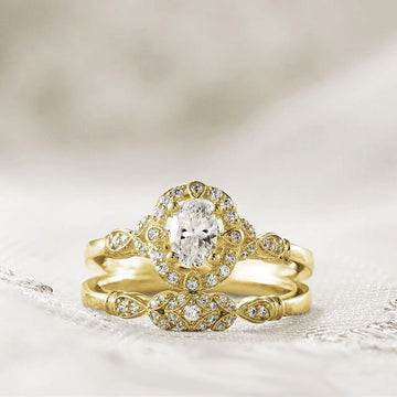 Gold-Tone Oval Halo Crystal Two-Piece Ring Set Jewelry