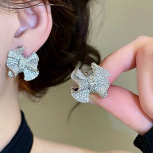 French Style Copper Zircon Wrinkled Bow Stud Earrings Light Luxury Geometric Fashion Jewelry