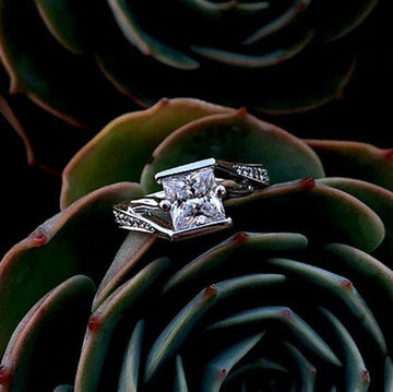 Silver Square Princess CZ Bypass Ring Pave Shoulders
