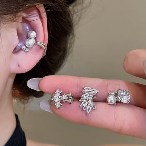 Korean Style Zircon Bow Faux Pearl Clip-on Earrings For Women Light Luxury No Piercing Ear Cuffs