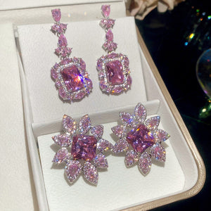 Light Luxury Copper Pink Zircon Square Flower Stud Earrings For Banquet Party
