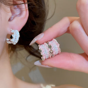 Light Luxury Copper C-Shaped Wrinkle Zircon Enamel Stud Earrings Elegant Geometric Jewelry