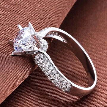 Silver Tone Round Solitaire Ring with Pavé Shoulders