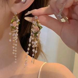 French Vintage Rose Flower Crystal Faux Pearl Silver Needle Stud Earrings Sweet Luxury Style