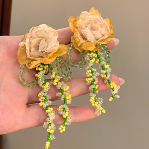 Fabric Flower Tassel Drop Earrings With Silver Pins, Beach Vacation Style Floral Ear Jewelry