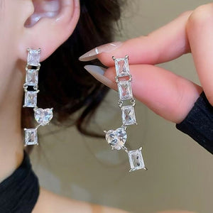 Copper Silver Needle Zircon Square Heart Stud Earrings Light Luxury Minimalist Fashion Jewelry