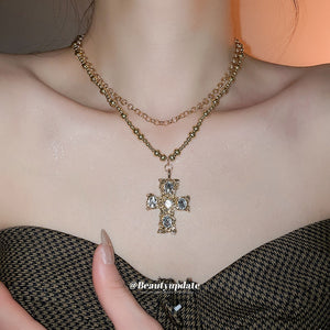 Vintage Gold Alloy Rhinestone Cross Pendant Necklace For Women, Old Money Layered Collarbone Chain