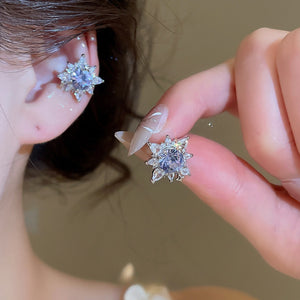 Light Luxury Copper Zircon Round Flower Ear Cuff Clip-on Earrings for Women