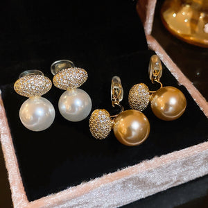 Elegant Faux Pearl Zircon Oval Clip-on Earrings, Vintage Minimalist Light Luxury Jewelry