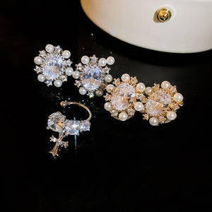 14K Gold Plated Zircon Faux Pearl Oval French Vintage Clip-on Earrings