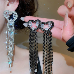 Copper Heart Rhinestone Tassel Drop Earrings With Silver Needle, Luxury European Style
