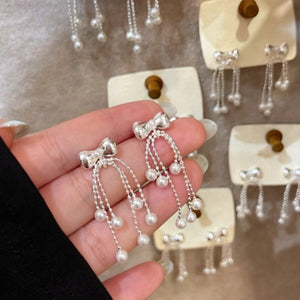 Faux Pearl Bow Tassel Drop Earrings Silver Needle Geometric Playful Luxury Jewelry For Women