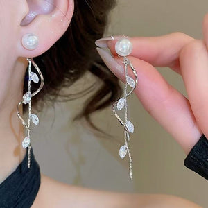 Copper Sparkling Zircon Leaf Pearl Tassel Drop Earrings With Silver Posts For Women