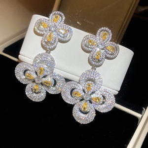 Luxury Floral Zircon Copper Drop Earrings With Silver Posts Elegant Court Style Jewelry