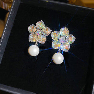 Light Luxury Floral Rhinestone Faux Pearl Drop Earrings With Silver Posts