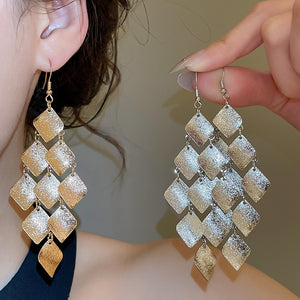 Matte Iron Rhombus Tassel Drop Earrings European Style Statement Ear Hook Jewelry