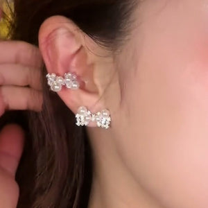 Sweet Pearl Bow Rhinestone Copper Clip-on Earrings For Women Light Luxury Minimalist Ear Cuffs