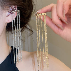Copper Geometric Tassel Clip-on Earrings, Long European Style Luxury Ear Cuffs