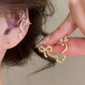 2026 New Fashion OL Alloy Bow Clip-on Earrings For Women, Minimalist No-Piercing Ear Cuff