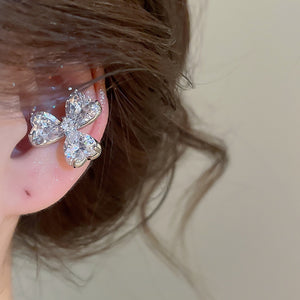 Korean Light Luxury Copper Zircon Heart Flower Clip-on Earrings for Women