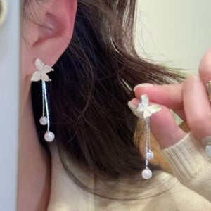 Two-Way Butterfly Tassel Copper Drop Earrings For Women, Sweet Light Luxury Stud Style