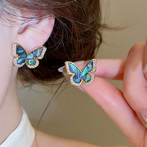 Aurora Iridescent Natural Green Shell Butterfly Stud Earrings Light Luxury Unique Design