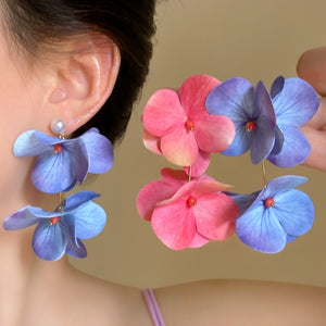 Iris Blue Floral Tassel Drop Earrings Alloy Flower Studs Sweet Summer Vacation Statement Jewelry
