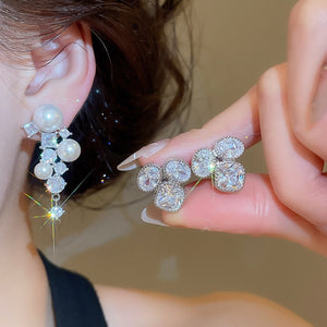 French Light Luxury Copper Pearl Zircon Oval Geometric Clip-on Earrings for Banquet Dress