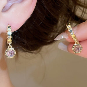 Copper Rhinestone Geometric Hexagon Pendant Drop Earrings For Women Light Luxury Designer Style