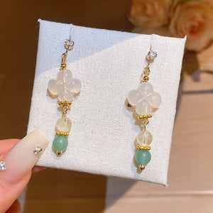 Vintage Agate Flower Tassel Drop Earrings With Rhinestone Accents, New Chinese Style