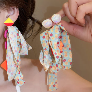 Colorful Fabric Bow Beaded Tassel Drop Earrings Sweet Vacation Style Summer Ear Jewelry