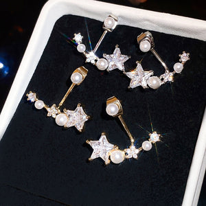 Copper Star Pearl Stud Earrings With Silver Pins And Zircon Accents, Sweet Light Luxury Style