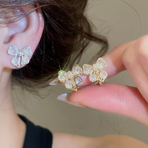 Light Luxury Copper Zircon Bow Clip-on Earrings, Elegant Niche Design For Women