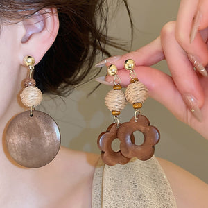 Vintage Wooden Woven Flower Round Stud Earrings, Ethnic Geometric Boho Design