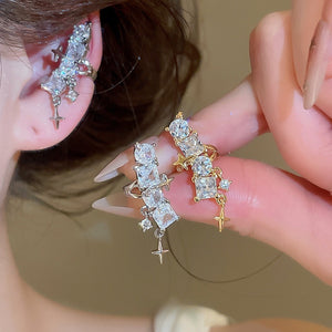 Sparkling Starburst Copper Rhinestone Clip-on Earrings For Women Luxury Geometric Ear Cuff