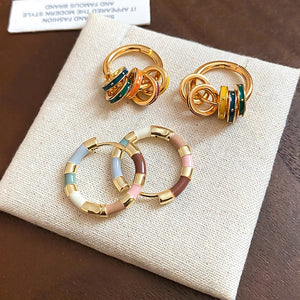 14K Gold Plated Copper Enamel Circle Pendant Drop Earrings For Women Elegant OL Style