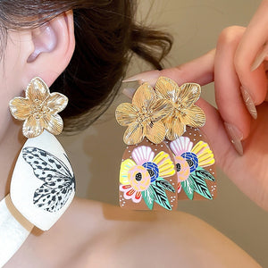 Vintage Ethnic Style Acetate Flower Wing Pendant Drop Earrings With Artistic Wood Print
