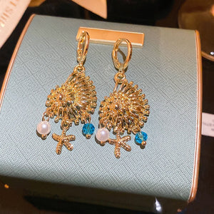 Alloy Crystal Conch Starfish Pearl Drop Earrings Ocean Vacation Style Ear Cuff Jewelry